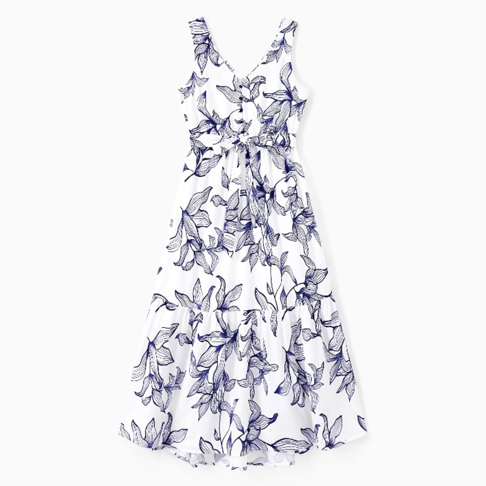 V-Neck Faux Button Elastic Waist Sleeveless Dress